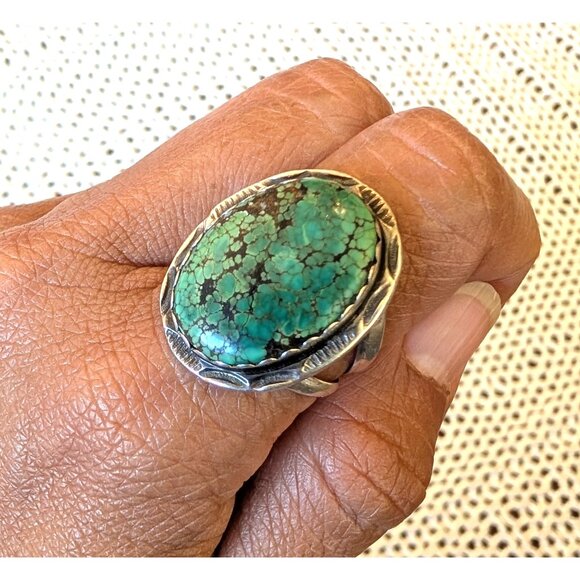 Sterling Silver Turquoise Navajo Ring Native American size 10 Signed HT 9.6grams - Picture 1 of 10